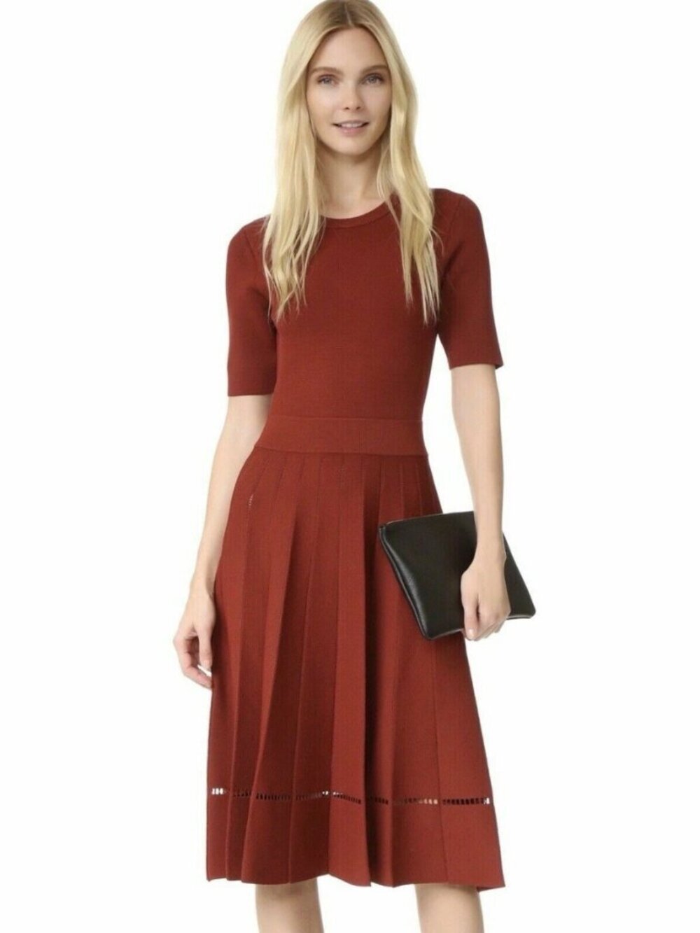 A.L.C. Tracy Pleated Knit Rib Short Sleeved Pullover Crew Neck Midi Dress, Small